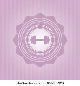 big dumbbell icon inside pink emblem. Vintage. Amazing desing. 