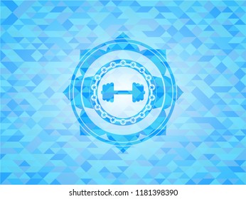 big dumbbell icon inside realistic sky blue emblem. Mosaic background