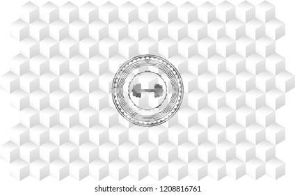 big dumbbell icon inside realistic grey emblem with geometric cube white background
