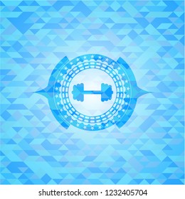 big dumbbell icon inside realistic sky blue mosaic emblem