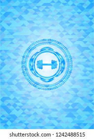 big dumbbell icon inside realistic sky blue mosaic emblem