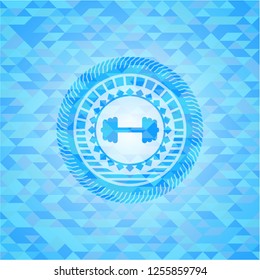 big dumbbell icon inside realistic light blue emblem. Mosaic background