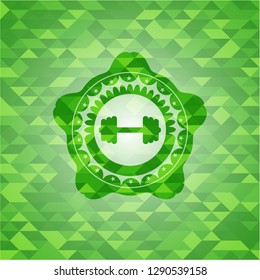 big dumbbell icon inside realistic green mosaic emblem