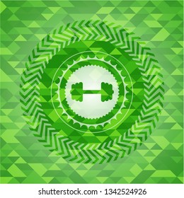 big dumbbell icon inside realistic green mosaic emblem