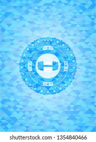 big dumbbell icon inside realistic sky blue emblem. Mosaic background