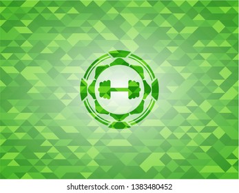 big dumbbell icon inside realistic green mosaic emblem