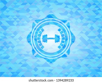 big dumbbell icon inside realistic sky blue emblem. Mosaic background