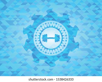 big dumbbell icon inside realistic sky blue emblem. Mosaic background