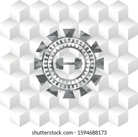 big dumbbell icon inside realistic grey emblem with geometric cube white background