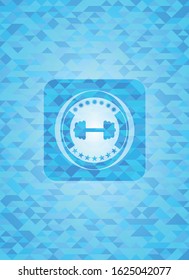 big dumbbell icon inside realistic light blue emblem. Mosaic background