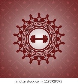 big dumbbell icon inside red emblem. Retro
