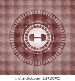 big dumbbell icon inside red emblem with geometric pattern. Seamless.