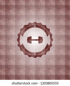 big dumbbell icon inside red badge with geometric background. Seamless.