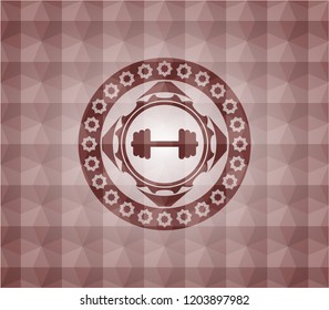 big dumbbell icon inside red seamless emblem or badge with geometric pattern background.
