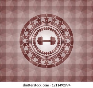 big dumbbell icon inside red geometric emblem. Seamless.