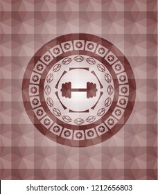 big dumbbell icon inside red emblem or badge with abstract geometric polygonal pattern background. Seamless.
