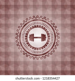 big dumbbell icon inside red geometric badge. Seamless.