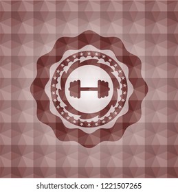 big dumbbell icon inside red seamless badge with geometric pattern background.
