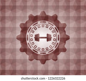 big dumbbell icon inside red emblem or badge with abstract geometric pattern background. Seamless.