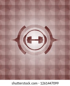 big dumbbell icon inside red seamless emblem with geometric background.