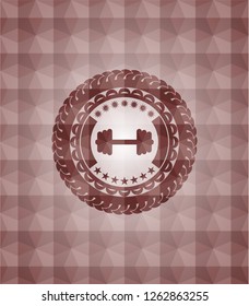 big dumbbell icon inside red seamless emblem with geometric background.