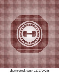 big dumbbell icon inside red seamless emblem or badge with abstract geometric polygonal pattern background.