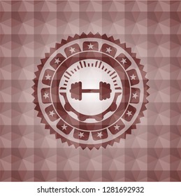 big dumbbell icon inside red seamless emblem or badge with abstract geometric polygonal pattern background.