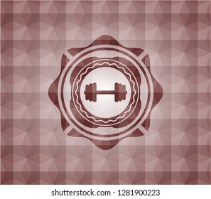 big dumbbell icon inside red geometric emblem. Seamless.