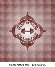 big dumbbell icon inside red seamless emblem or badge with abstract geometric pattern background.