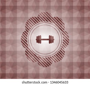 big dumbbell icon inside red geometric emblem. Seamless.