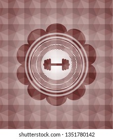 big dumbbell icon inside red seamless badge with geometric pattern.