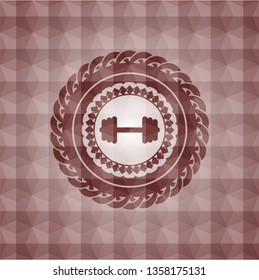 big dumbbell icon inside red emblem with geometric pattern. Seamless.
