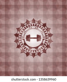 big dumbbell icon inside red seamless emblem or badge with abstract geometric pattern background.