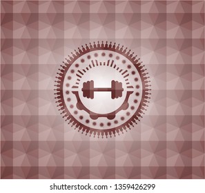 big dumbbell icon inside red seamless geometric emblem.