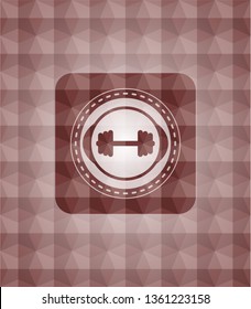 big dumbbell icon inside red seamless emblem with geometric background.