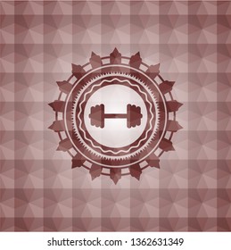 big dumbbell icon inside red badge with geometric pattern background. Seamless.