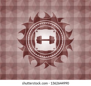 big dumbbell icon inside red badge with geometric pattern. Seamless.
