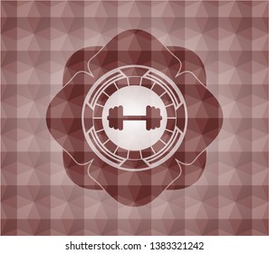 big dumbbell icon inside red seamless badge with geometric pattern background.