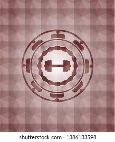 big dumbbell icon inside red seamless emblem with geometric background.