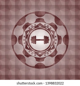 big dumbbell icon inside red seamless emblem or badge with abstract geometric pattern background.