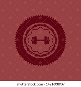 big dumbbell icon inside red emblem. Retro