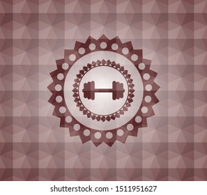 big dumbbell icon inside red seamless emblem or badge with abstract geometric polygonal pattern background.