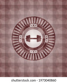 big dumbbell icon inside red emblem with geometric pattern. Seamless. 