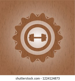 big dumbbell icon inside retro wooden emblem