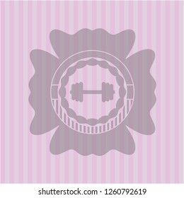 big dumbbell icon inside retro style pink emblem