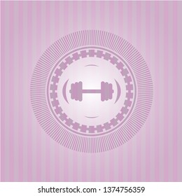 big dumbbell icon inside retro pink emblem