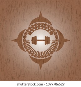 big dumbbell icon inside retro wooden emblem