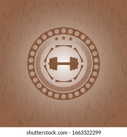 big dumbbell icon inside retro wood emblem