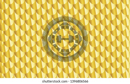 big dumbbell icon inside shiny golden emblem. Scales pattern. Vector Illustration. Detailed.