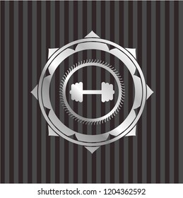 big dumbbell icon inside silver badge or emblem